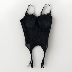 Victoria Secret Black Corset Size 36C Beaded Bustier Mesh Lace Garter Lingerie